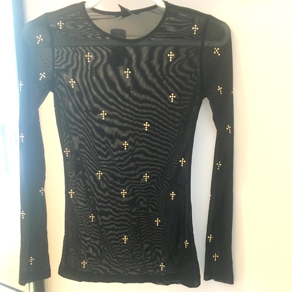 Shine Bright in this Gold Cross Embellished Black Mesh Top - Brand New w… - Picture 3 of 9